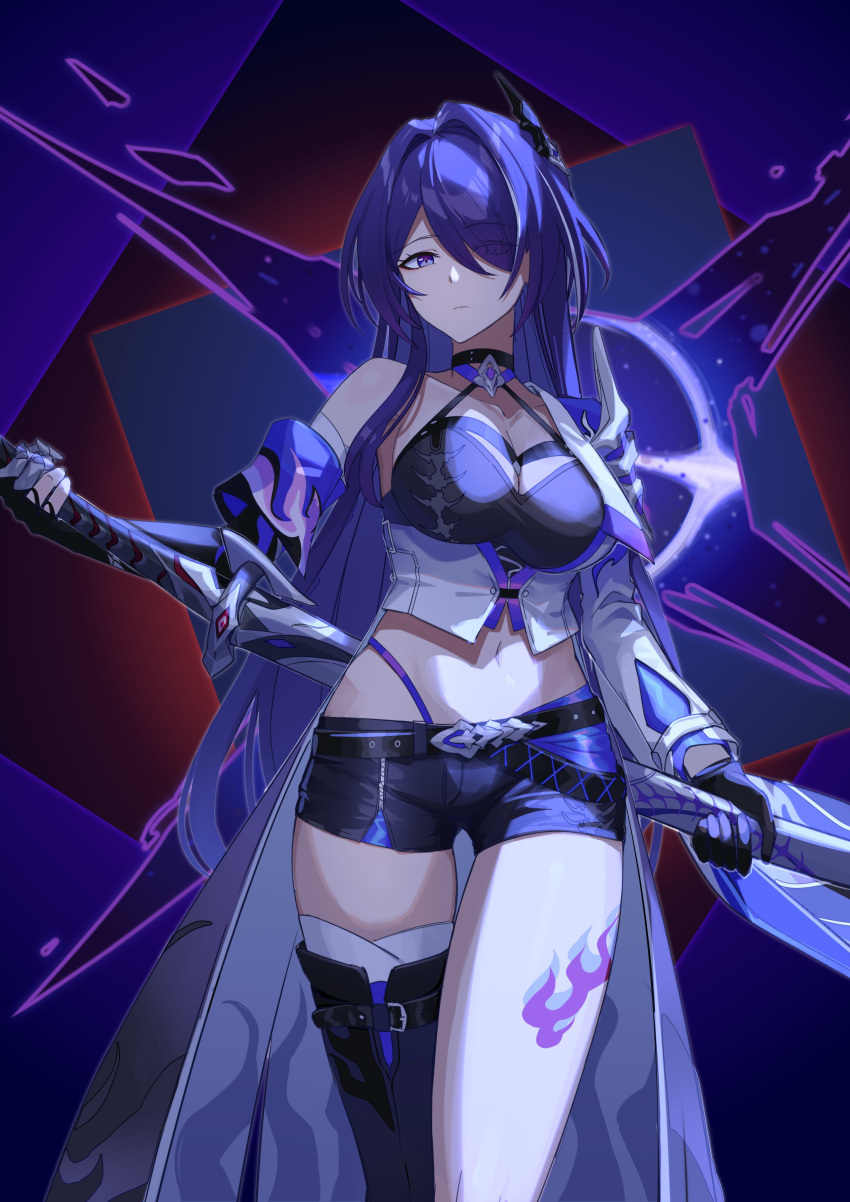 1girl absurdres acheron_(honkai:_star_rail) belt black_belt black_shorts coat commentary cowboy_shot grey_hair hair_intakes hair_ornament hfp~kubiao highres holding holding_sword holding_weapon honkai:_star_rail honkai_(series) katana leg_tattoo long_hair looking_at_viewer midriff multicolored_hair navel purple_eyes purple_hair scabbard sheath sheathed short_shorts shorts single_bare_shoulder solo standing streaked_hair sword tattoo thighs very_long_hair weapon white_coat