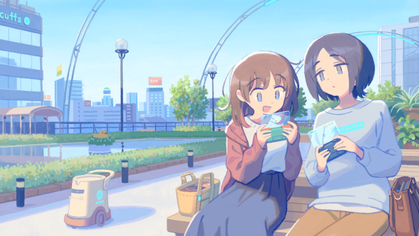 2girls bag bench black_hair blue_eyes blue_skirt blue_sweater brown_hair brown_pants building bush city closed_mouth commentary_request feet_out_of_frame handbag handheld_game_console holding holding_handheld_game_console jacket lamppost long_hair long_sleeves muji_(uimss) multiple_girls open_mouth original pants park park_bench plant pond potted_plant red_jacket robot science_fiction shirt short_hair sitting skirt skyscraper sweater t-shirt tree white_shirt