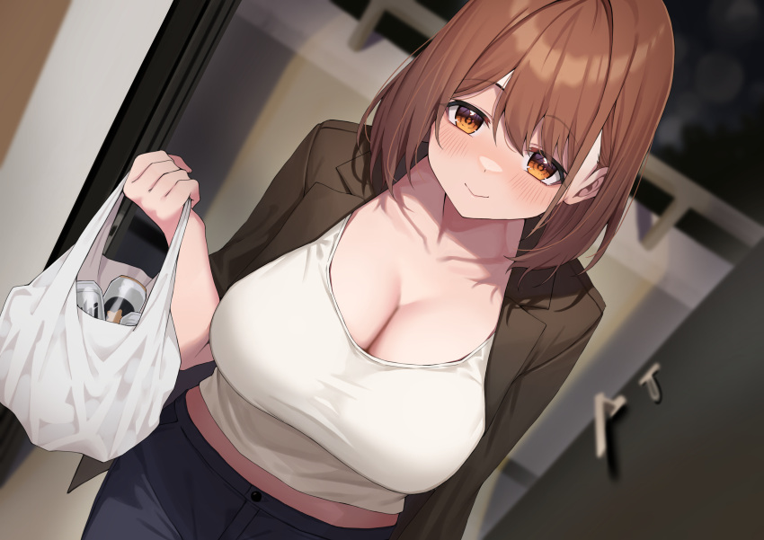 1girl absurdres bag beer_can black_jacket black_pants blush breasts brown_eyes brown_hair can cleavage closed_mouth collarbone door doorway drink_can hair_between_eyes highres holding holding_bag jacket large_breasts looking_at_viewer medium_hair non-web_source original pants railing shirt sidelocks smile solo standing udon_(udonalium) white_shirt