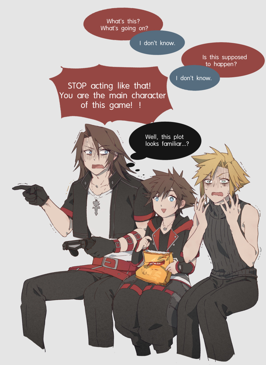 3boys absurdres arm_strap bag_of_chips belt black_gloves black_jacket black_pants black_shirt black_sweater blonde_hair blue_eyes bright_pupils brown_hair cloud_strife commentary controller cropped_jacket english_commentary english_text fermium.ice final_fantasy final_fantasy_vii final_fantasy_vii_remake final_fantasy_viii food game_console gloves grey_background hands_up highres holding holding_controller holding_food invisible_chair jacket jewelry kingdom_hearts kingdom_hearts_ii kingdom_hearts_iii long_hair male_focus multiple_belts multiple_boys necklace no_armor no_gloves open_clothes open_jacket open_mouth pants parted_bangs pendant playstation_4 pointing puffy_pants red_belt scar scar_on_face scared shaded_face shirt short_hair short_sleeves simple_background sitting sleeveless sleeveless_sweater sora_(kingdom_hearts) speech_bubble spiked_hair squall_leonhart sweat sweatdrop sweater thought_bubble trembling turtleneck turtleneck_sweater upper_body v-neck white_shirt