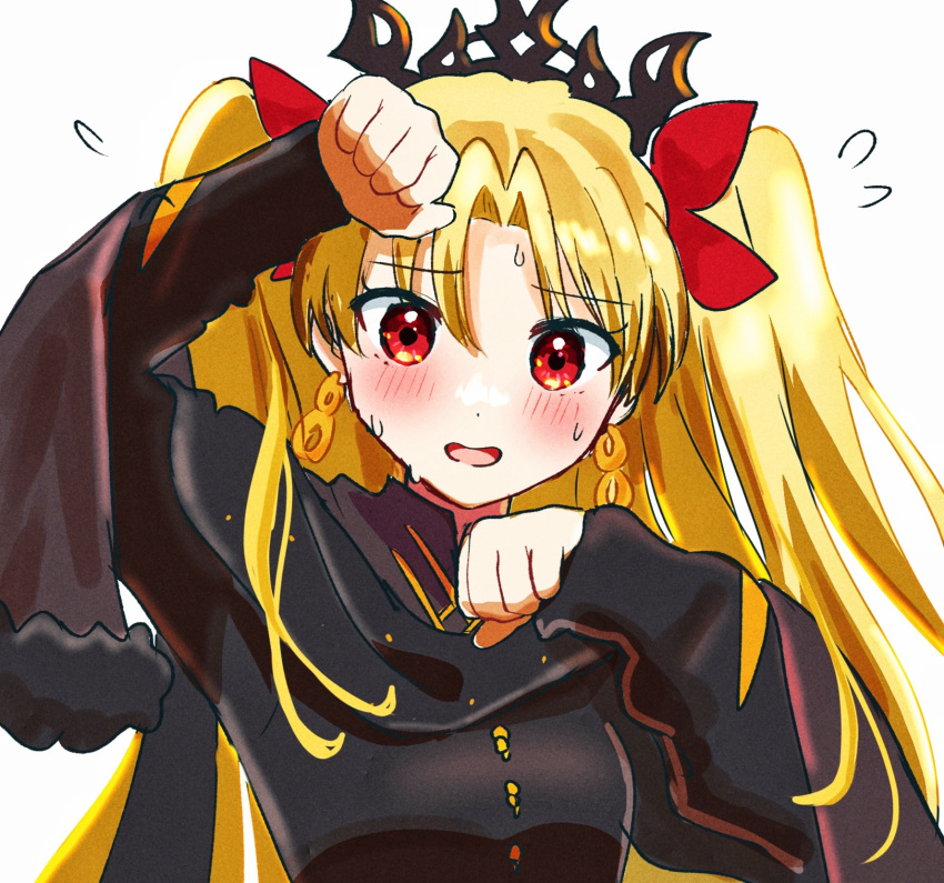 1girl black_dress blonde_hair blush dress earrings ereshkigal_(fate) ereshkigal_(third_ascension)_(fate) fate/grand_order fate_(series) highres jewelry long_hair paw_pose red_eyes sheyona tiara two_side_up white_background