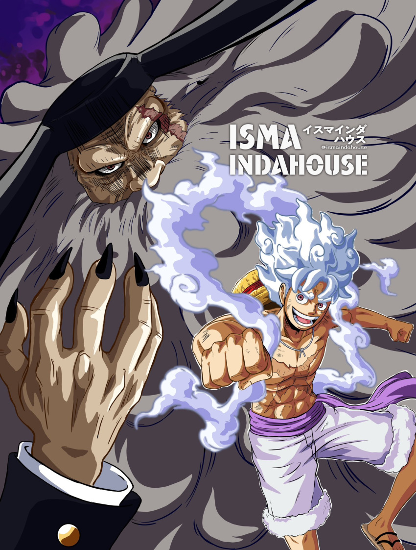 2boys alternate_form beard claws clenched_hands facial_hair fur_trim gear_fifth grey_hair hat highres horns ismaindahouse jaygarcia_saturn long_beard long_hair male_focus monkey_d._luffy monster_boy multiple_boys muscular muscular_male one_piece open_mouth purple_sash red_eyes sash scar scar_across_eye scar_on_chest short_hair shorts smile steam straw_hat teeth topless_male unworn_hat unworn_headwear very_long_beard white_hair white_shorts