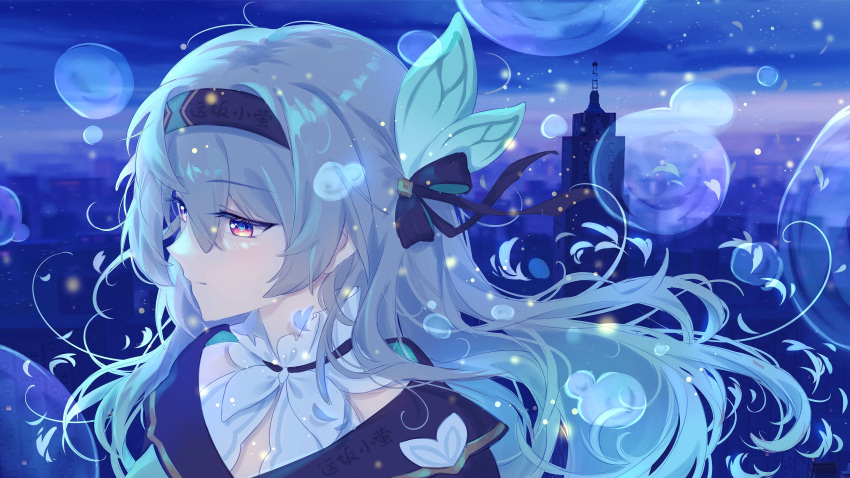 1girl absurdres black_hairband bow bowtie bubble cityscape coat collared_shirt firefly_(honkai:_star_rail) floating_hair grey_hair hair_between_eyes hair_ornament hairband highres honkai:_star_rail honkai_(series) long_hair night night_sky shirt sky smile solo two-tone_eyes xinjinjumin9990570