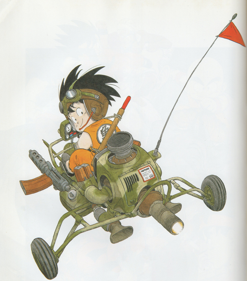 1boy absurdres aircraft ammunition_box aviator_cap bare_arms black_eyes black_footwear black_hair camouflage caution clothes_writing commentary dougi dragon_ball dragon_ball_(classic) flag goggles goggles_on_head gun happy headset highres light_machine_gun looking_at_viewer looking_back machine_gun male_focus messy_hair official_art piloting radio_antenna red_flag ruyi_jingu_bang science_fiction sheath sheathed shoes simple_background smile son_goku sticker tank_(container) tareme toriyama_akira ventilation_shaft weapon weapon_request white_background