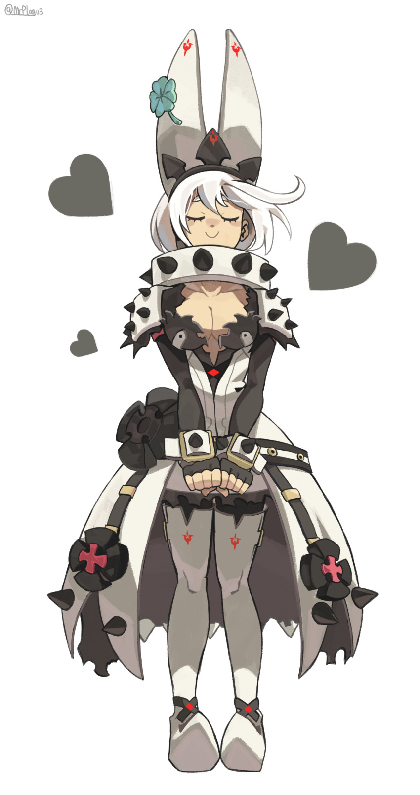 1girl absurdres boots breasts cleavage closed_eyes closed_mouth collar commentary elphelt_valentine english_commentary eyelashes full_body guilty_gear guilty_gear_xrd heart highres loving_aura medium_breasts mr_plagu3 short_hair shoulder_spikes simple_background smile solo spiked_collar spikes standing thigh_boots white_background white_footwear white_hair