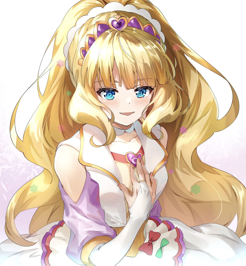 1girl blonde_hair blue_eyes blunt_bangs blush bridal_gauntlets brooch choker clothing_cutout commentary cure_finale delicious_party_precure dress elbow_gloves gloves hand_on_own_chest heart heart_brooch high_ponytail highres jewelry kasai_amane long_hair looking_at_viewer magical_girl muginome_(bakuga_chan2) open_mouth precure short_sleeves shoulder_cutout sidelocks smile solo tiara white_choker white_dress white_gloves wide_ponytail