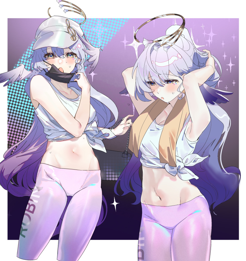 1girl absurdres alternate_costume armpits arms_up bare_arms bare_shoulders baseball_cap commentary_request eamut1 grey_hair hat highres honkai:_star_rail honkai_(series) leggings long_hair looking_at_viewer midriff multiple_views navel pants pink_pants robin_(honkai:_star_rail) stomach tank_top thighs very_long_hair white_tank_top