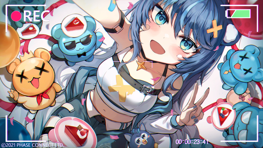 1girl :3 :d absurdres agar animal_ears aqua_eyes aqua_hair arm_strap arm_up balloon bandaid bandaid_on_face battery_indicator bear_ears bear_girl belt belt_buckle black_belt black_bow black_bowtie black_choker blue_hair blue_nails blueberry blush bow bowtie breasts buckle chocolate choker chromatic_aberration closed_mouth commentary_request company_name confetti crop_top dated english_commentary fishnet_thighhighs fishnets food fork fruit fujikura_uruka furby glasses hair_between_eyes hair_ornament hand_up hasbro highres holding holding_sack jacket kuma_(fujikura_uruka) long_hair long_sleeves looking_at_viewer luzzi_(milllim) medium_breasts midriff mint mixed-language_commentary multicolored_hair nail_polish navel off_shoulder official_art opaque_glasses open_clothes open_jacket open_mouth phase_connect plate recording sack selfie shirt short_shorts shorts sidelocks sitting skindentation skirt sleeveless sleeveless_shirt smile stomach strawberry sunglasses tank_top teeth thighhighs two-tone_hair v very_long_hair viewfinder virtual_youtuber whipped_cream white_shirt x_x