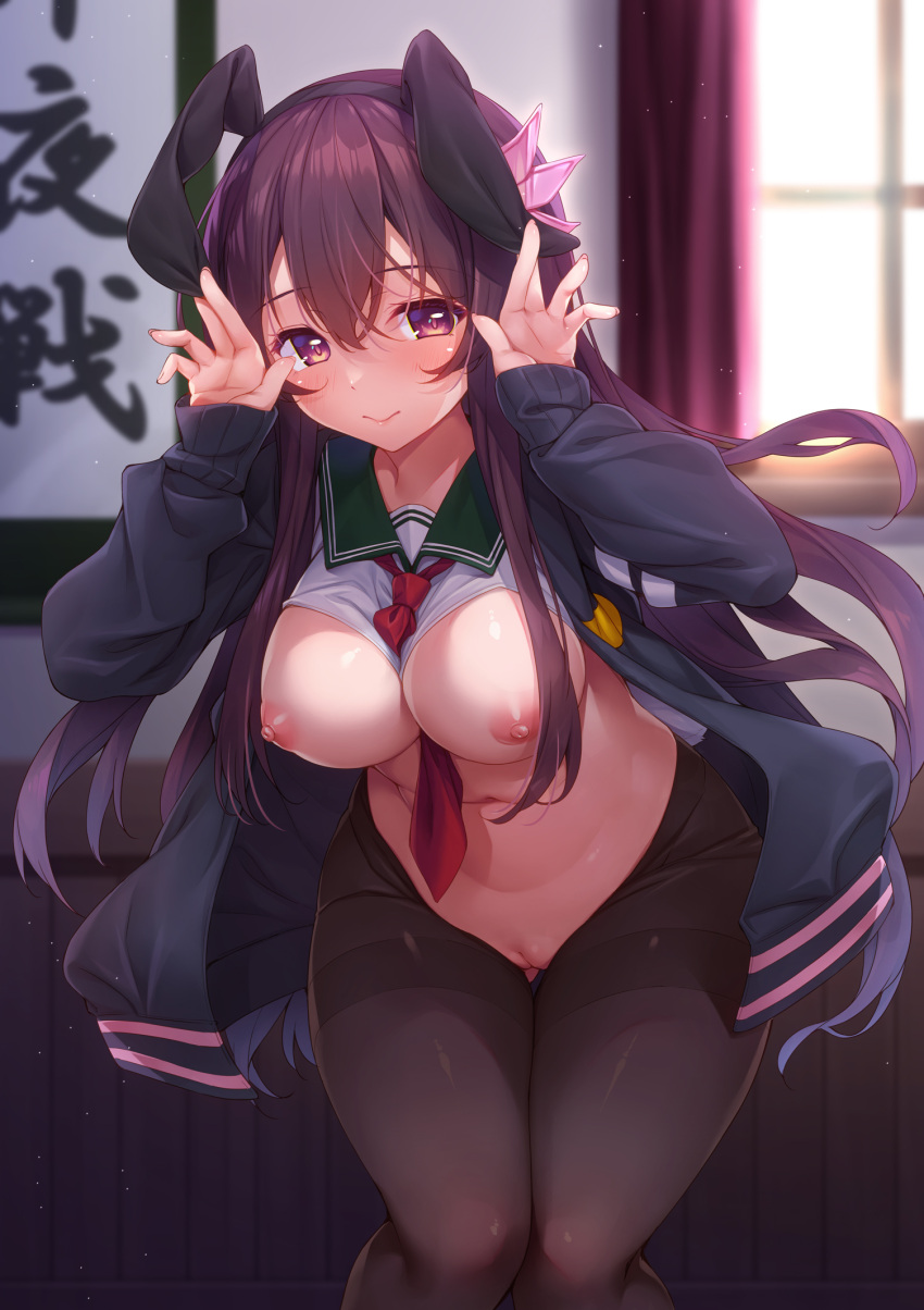 1girl adapted_costume animal_ears black_hairband blue_jacket breasts crescent crescent_pin crotchless crotchless_pantyhose fake_animal_ears frontless_outfit green_sailor_collar hair_between_eyes hair_ornament hairband highres indoors jacket kantai_collection kisaragi_(kancolle) kisaragi_kai_ni_(kancolle) large_breasts long_hair long_sleeves looking_at_viewer meme_attire neckerchief neckerchief_between_breasts nipples pantyhose purple_eyes purple_hair pussy red_neckerchief revealing_clothes reverse_bunnysuit reverse_outfit sailor_collar school_uniform serafuku sidelocks solo standing very_long_hair yayoi_and_nagi