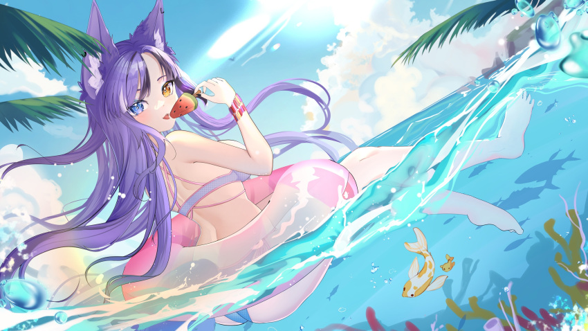 1girl animal_ear_fluff animal_ears artist_name awful_queen_(vtuber) black_nails coral fish food fox_ears fox_girl heterochromia highres holding holding_food holding_popsicle indie_virtual_youtuber looking_at_viewer multicolored_hair non-web_source ocean popsicle swim_ring swimsuit vwenya