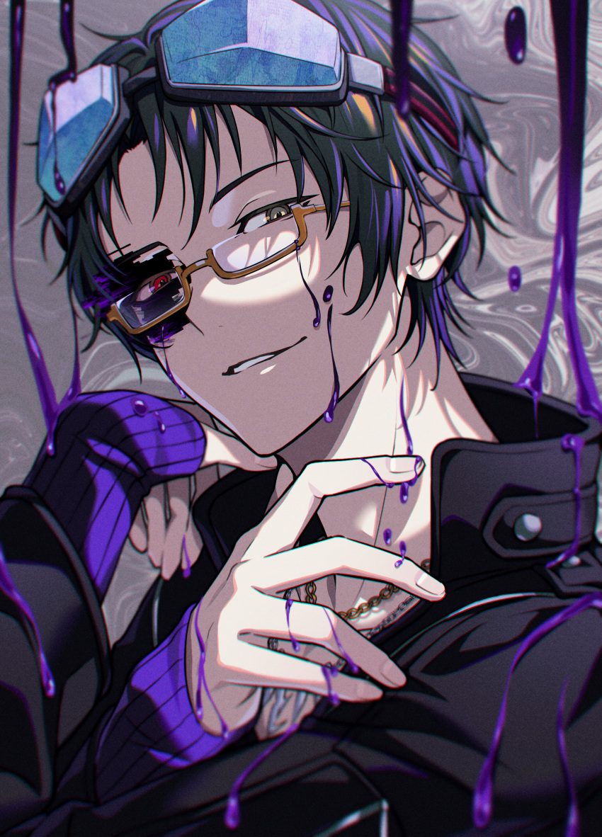 1boy absurdres black_hair corruption dark_persona glasses glitch gnosia goggles green_hair heterochromia highres jacket jewelry long_sleeves male_focus multicolored_hair necklace sha-ming shirt short_hair smile solo tuze111 upper_body