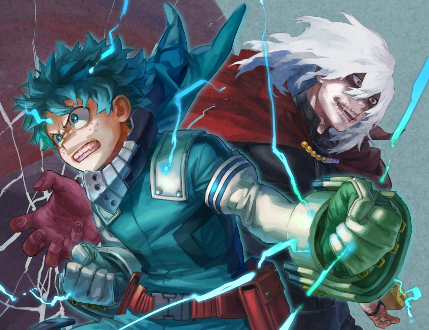 2boys absurdres asymmetrical_gloves beads belt belt_pouch black_bodysuit blue_bodysuit blue_eyes blue_gloves blue_hair blue_pupils bodysuit boku_no_hero_academia bright_pupils buckle cape clenched_hands clenched_teeth clothing_request colored_skin commentary_request crack curly_hair electricity floating_cape floating_hair foreshortening freckles gloves green_gloves hair_between_eyes hands_up highres injury leaning_forward light_blue_background looking_ahead male_focus mask mask_around_neck medium_hair midoriya_izuku mismatched_gloves mouth_mask multiple_boys open_mouth outstretched_arm partial_commentary pink_skin pouch prosthetic_fingers red_belt red_cape red_eyes sanpaku scar scar_on_face scar_on_mouth shigaraki_tomura short_hair smile snap-fit_buckle spoilers symmetrical_pose teeth turtleneck turtleneck_bodysuit upper_body utility_belt v-shaped_eyebrows white_gloves white_hair wrinkled_fabric wrinkled_skin yomoyama_yotabanashi