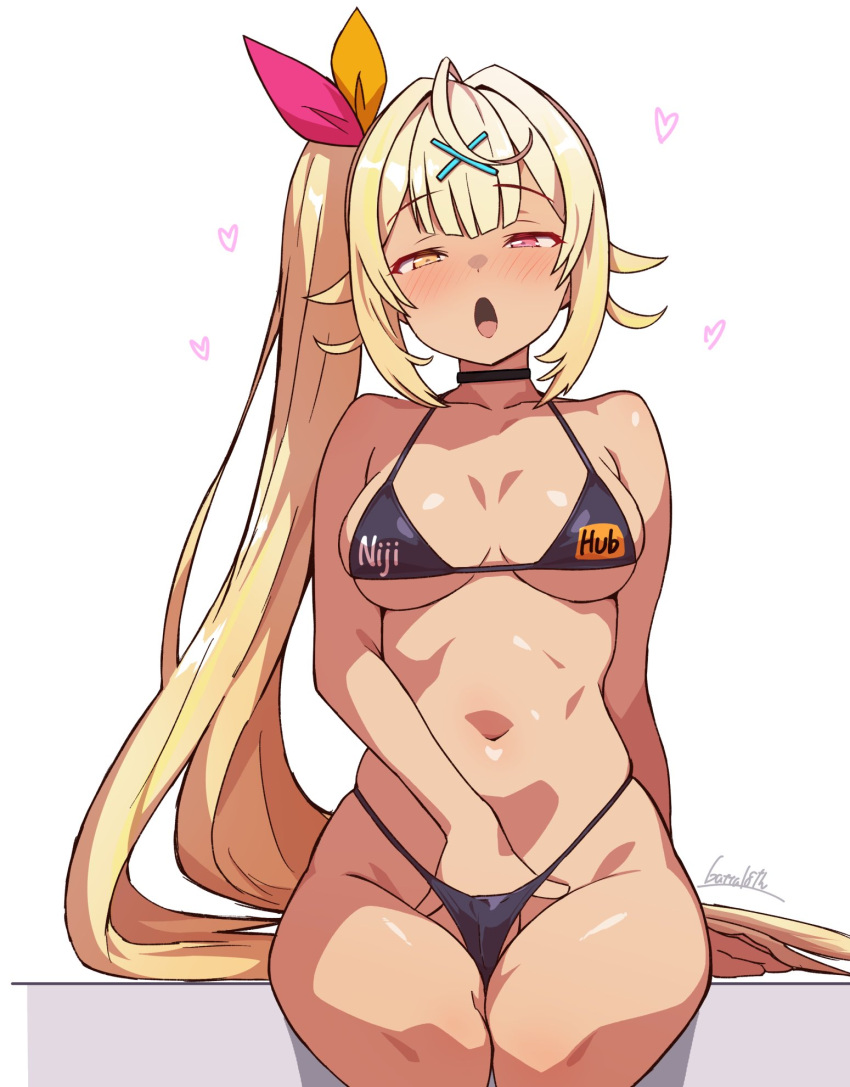 1girl :o ahoge alternate_skin_color bare_shoulders batta_16-sei bikini black_bikini black_choker blonde_hair blush choker clothes_writing commentary_request dark-skinned_female dark_skin hair_ornament hand_on_own_crotch hand_under_clothes hand_under_swimsuit highres hoshikawa_sara implied_masturbation long_hair looking_at_viewer navel nijisanji open_mouth pink_eyes side_ponytail signature simple_background sitting solo stomach swimsuit very_long_hair virtual_youtuber white_background x_hair_ornament yellow_eyes