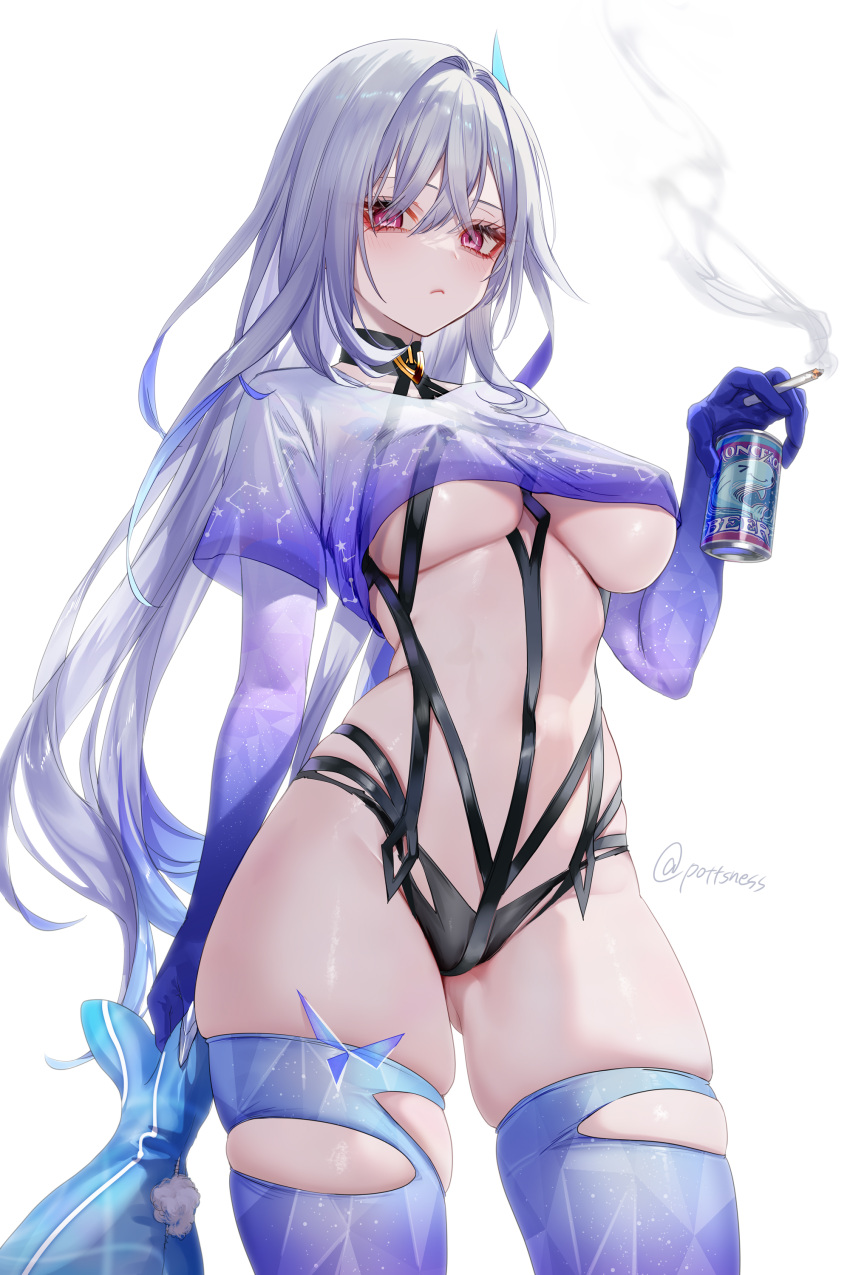 1girl absurdres beer_can breasts can cigarette commentary_request cowboy_shot crop_top drink_can genshin_impact grey_hair hair_intakes hand_up highres holding holding_can holding_cigarette holding_stuffed_toy large_breasts long_hair looking_at_viewer midriff pottsness purple_eyes purple_shirt purple_thighhighs shirt simple_background skirk_(genshin_impact) solo standing stomach stuffed_toy stuffed_whale thighhighs thighs underboob very_long_hair white_background