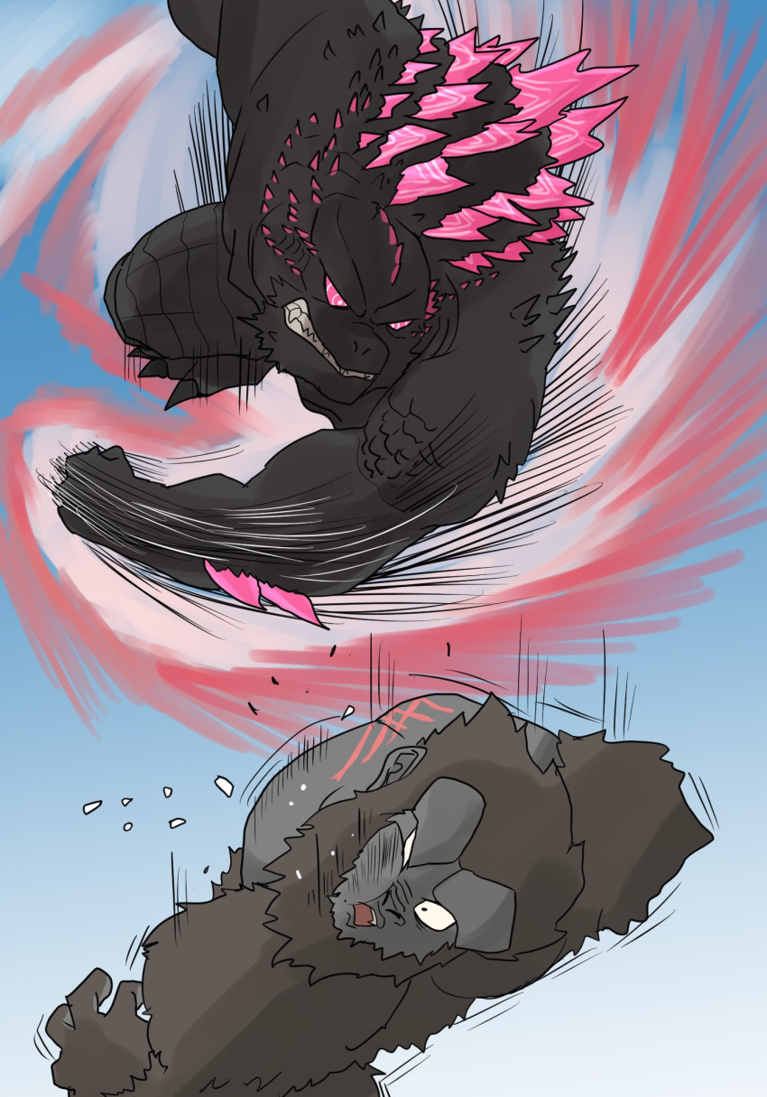 animal ape aura battle claws dragon_ball elbow_spikes fangs giant giant_monster gills glowing godzilla godzilla_(monsterverse) godzilla_(series) godzilla_evolved godzilla_x_kong:_the_new_empire gorilla highres ibuki_(tulta_icon) jaw kaijuu kaiouken kong_(monsterverse) long_tail monster monsterverse muscular no_humans open_mouth red_aura reptile scales sharp_teeth spiked_tail spines tail teeth