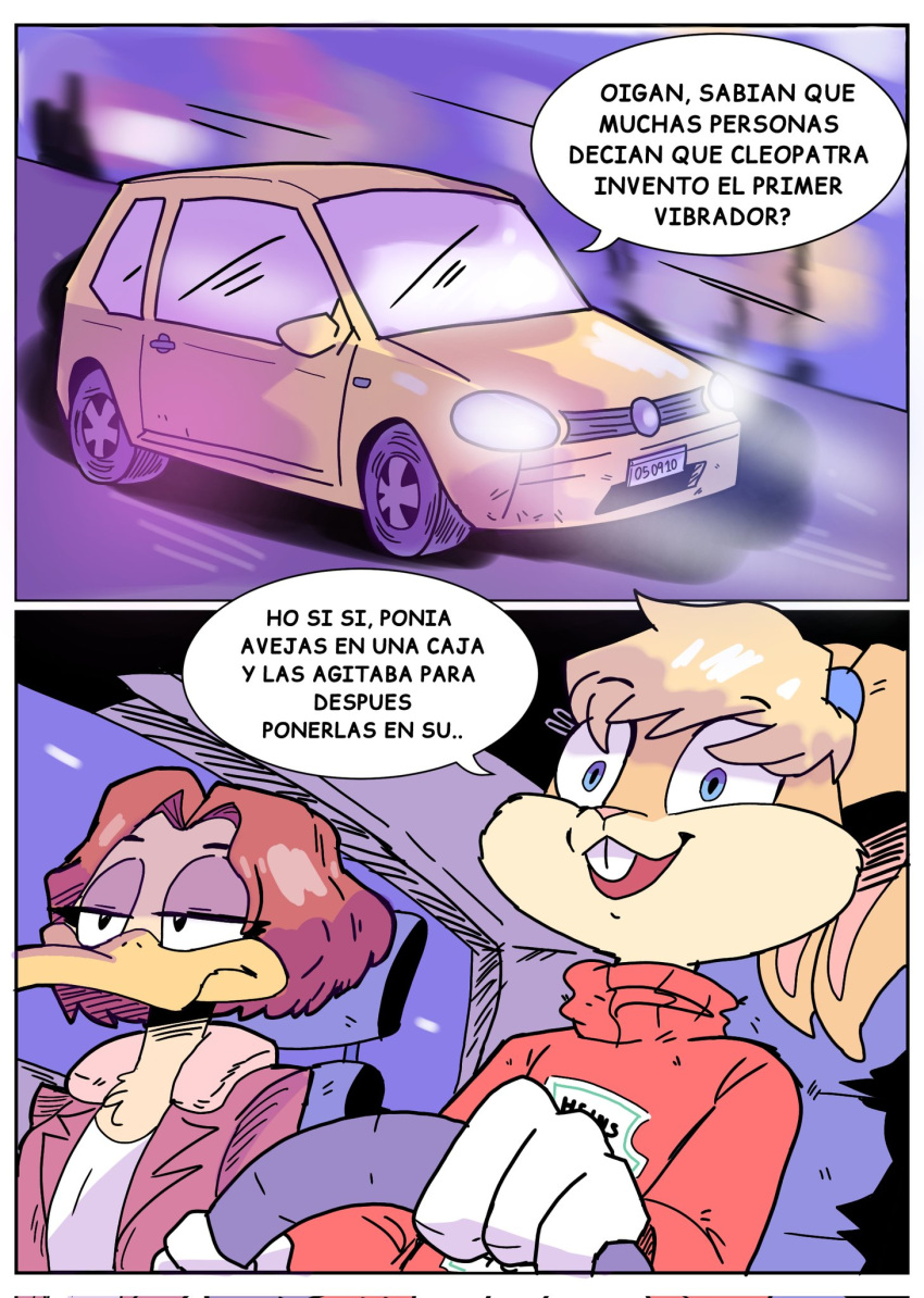 anatid anseriform anthro avian bird blonde_hair blue_eyes car comic duck duo female hair half-closed_eyes hi_res lagomorph leporid lola_bunny looney_tunes mammal narrowed_eyes rabbit renita_reed spanish_text speech_bubble text the_looney_tunes_show tina_russo translated vehicle warner_brothers