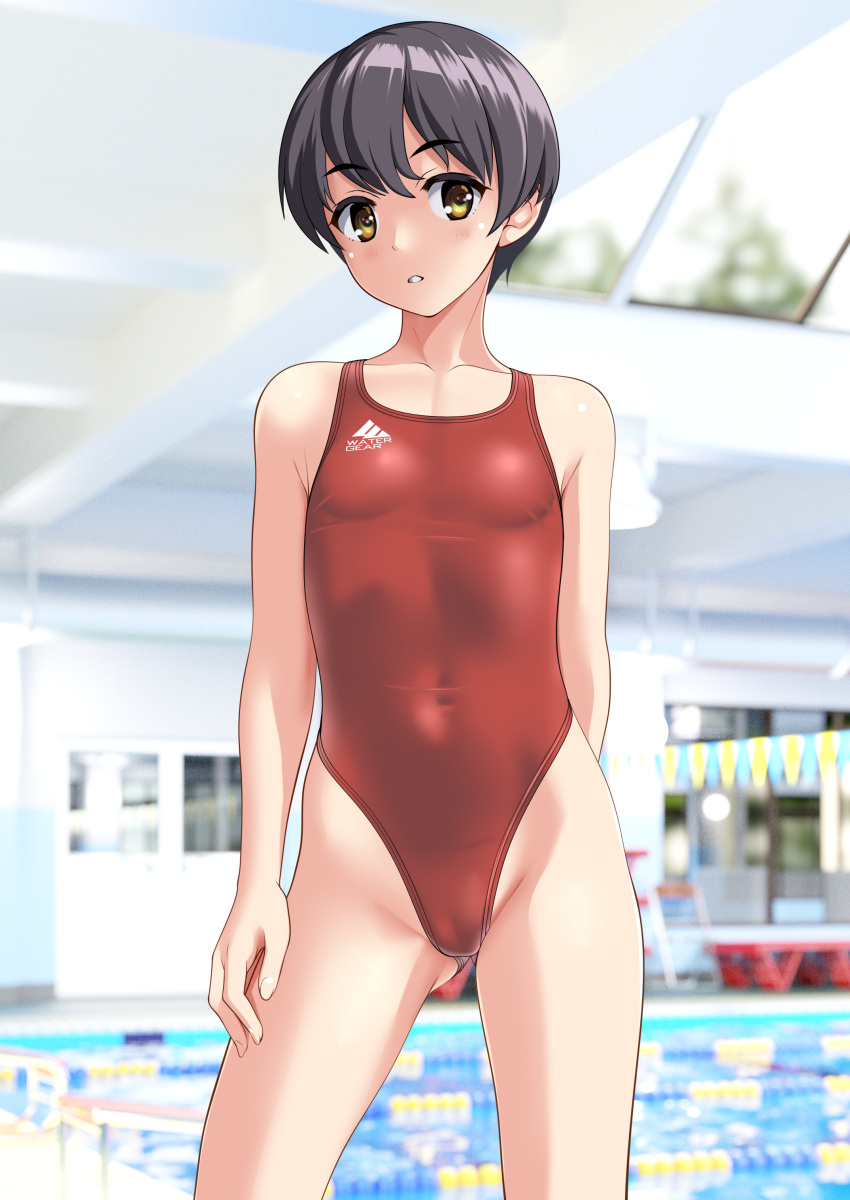 1girl absurdres black_hair breasts brown_eyes cameltoe commentary_request competition_swimsuit covered_navel cowboy_shot highleg highleg_swimsuit highres indoors lane_line one-piece_swimsuit original parted_lips pool red_one-piece_swimsuit short_hair small_breasts solo standing string_of_flags swimsuit takafumi tomboy variant_set