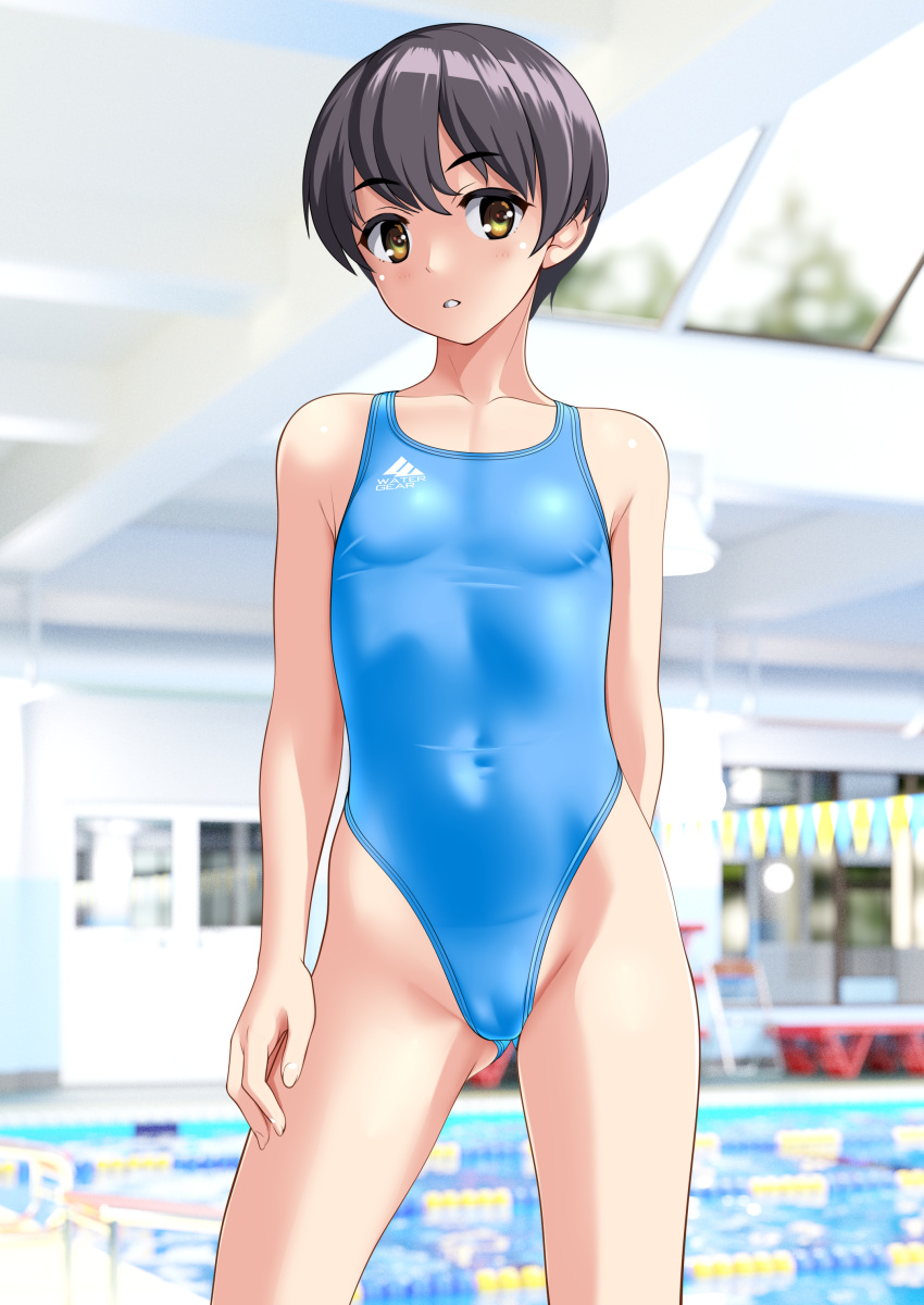 1girl absurdres black_hair blue_one-piece_swimsuit breasts brown_eyes cameltoe commentary_request competition_swimsuit covered_navel cowboy_shot highleg highleg_swimsuit highres indoors lane_line one-piece_swimsuit original parted_lips pool short_hair small_breasts solo standing string_of_flags swimsuit takafumi tomboy variant_set