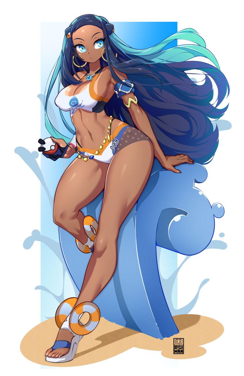 1girl artist_name bayeuxman belly_chain blue_eyes blue_eyeshadow blue_hair breasts commentary crop_top dark-skinned_female dark_skin earrings english_commentary eyeshadow full_body highres hoop_earrings jewelry large_breasts leaning_on_object looking_at_viewer makeup multicolored_hair navel nessa_(pokemon) pokemon pokemon_swsh solo standing thighs two-tone_hair variant_set