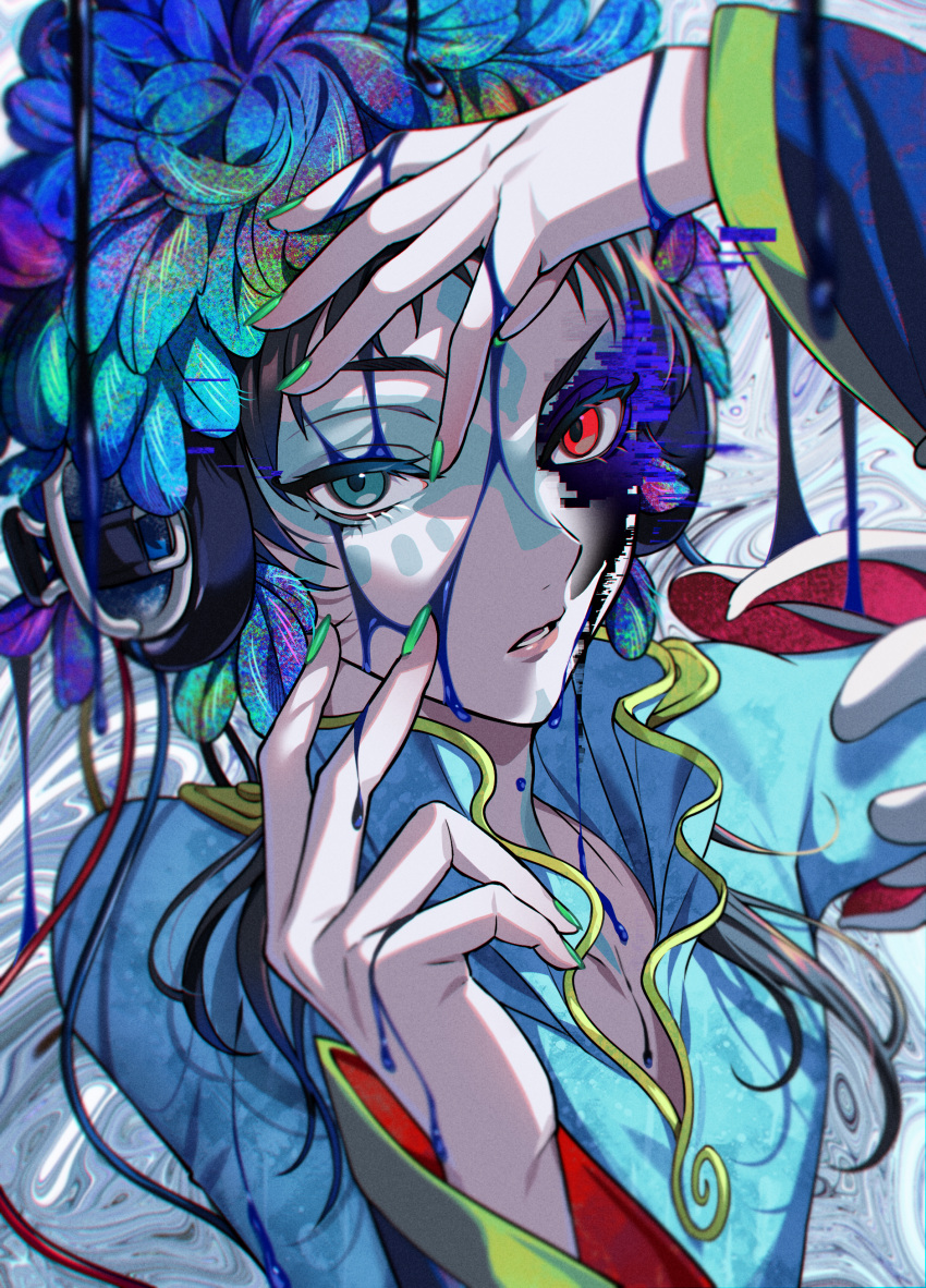 1other absurdres androgynous black_hair blue_eyes blue_hair corruption dark_persona facepaint facial_mark feathers gnosia green_eyes green_hair headphones heterochromia highres long_hair long_sleeves looking_at_viewer other_focus raqio solo tuze111 upper_body