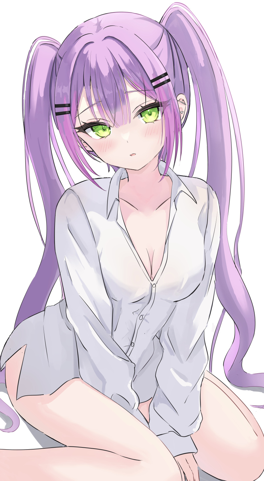 1girl absurdres between_legs blush breasts cleavage green_eyes hair_ornament hairclip hand_between_legs highres hololive long_hair long_sleeves looking_at_viewer medium_breasts naked_shirt parted_lips purple_hair shirt simple_background sitting solo tamamorh tokoyami_towa virtual_youtuber wariza white_background white_shirt