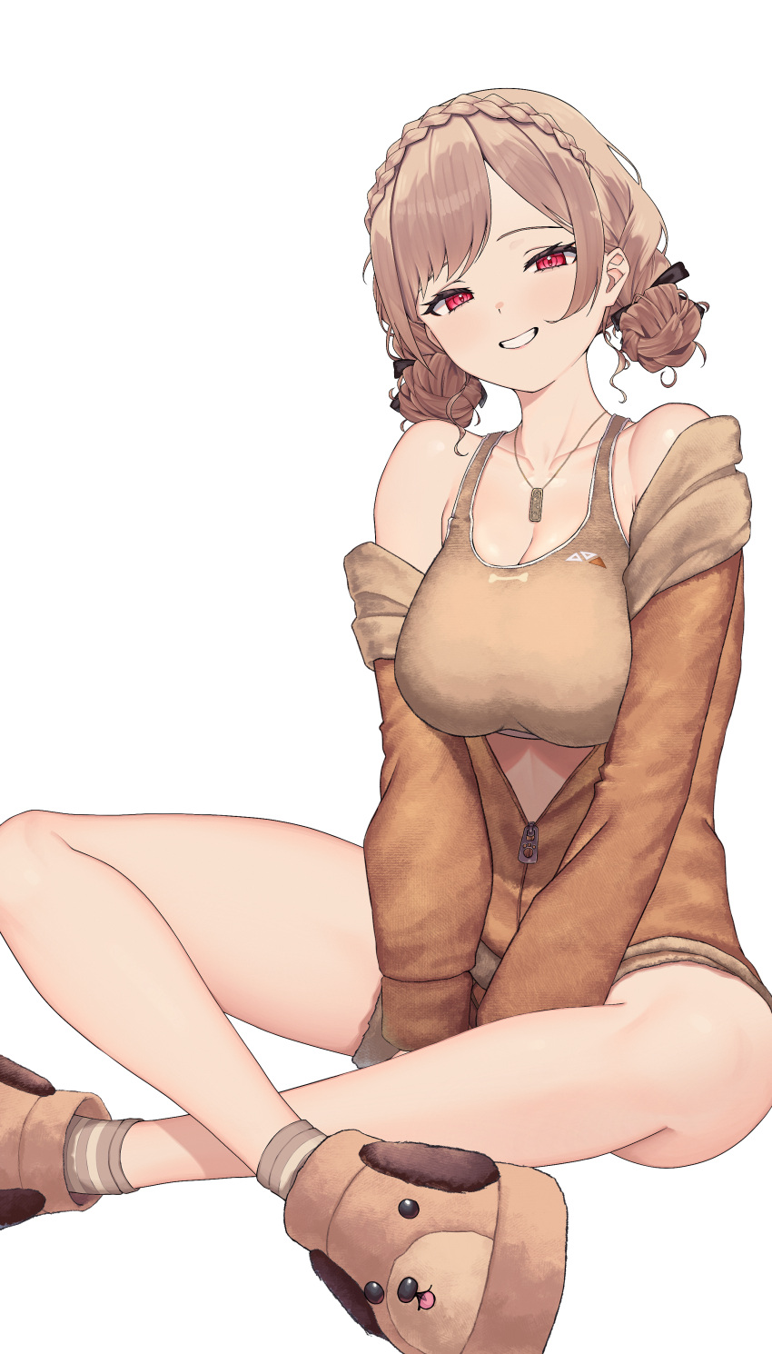 1girl absurdres amatou_(ko_me_9) animal_print bare_shoulders between_legs braid breasts brown_footwear brown_hair brown_jacket brown_shorts brown_socks brown_sports_bra butterfly_sitting cleavage collarbone commentary_request cropped_legs crown_braid dog_tags furen_e_lustario furen_e_lustario_(5th_costume) hand_between_legs highres jacket large_breasts looking_at_viewer midriff nijisanji parted_bangs red_eyes short_shorts shorts simple_background sitting smile socks solo sports_bra thighs virtual_youtuber white_background