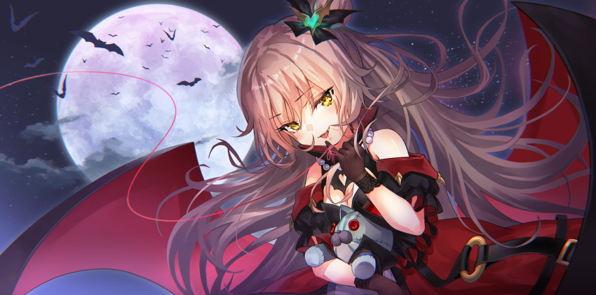 1girl absurdres bat_(animal) charlotta_skopovskaya coat fang full_moon grey_hair heaven_burns_red highres jacket long_hair moon night night_sky sky solo stuffed_animal stuffed_cat stuffed_toy vampire vampire_costume very_long_hair yellow_eyes