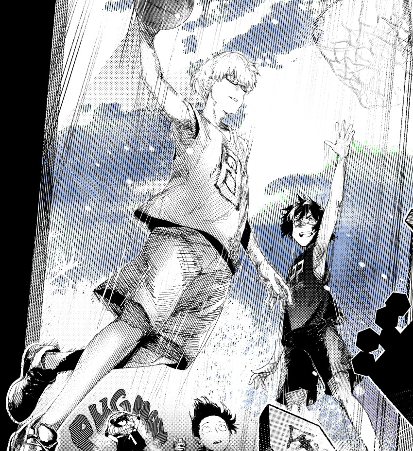 2boys absurdres ammenite ball basketball basketball_(object) basketball_uniform black_hair blonde_hair choujin_x dog glasses height_difference higashi_azuma_(choujin_x) highres kurohara_tokio_(choujin_x) multiple_boys otta_ely_(choujin_x) outdoors playing pug short_hair slam_dunk_(basketball) sportswear surprised