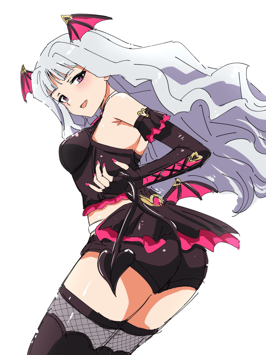 1girl armpits black_tank_top blunt_bangs blush breasts cowboy_shot demon_girl demon_tail demon_wings detached_sleeves dot_nose dress elbow_gloves eyelashes fangs fingerless_gloves fishnet_thighhighs fishnets frilled_dress frilled_gloves frills from_side gloves grey_hair heart-shaped_ornament highres idolmaster idolmaster_(classic) idolmaster_million_live! idolmaster_million_live!_theater_days large_breasts long_hair looking_at_viewer matcha_kingyo official_alternate_costume open_mouth red_eyes shijou_takane shorts sidelocks simple_background sleeveless solo tail tank_top thighhighs very_long_hair wavy_hair white_background wings zettai_ryouiki