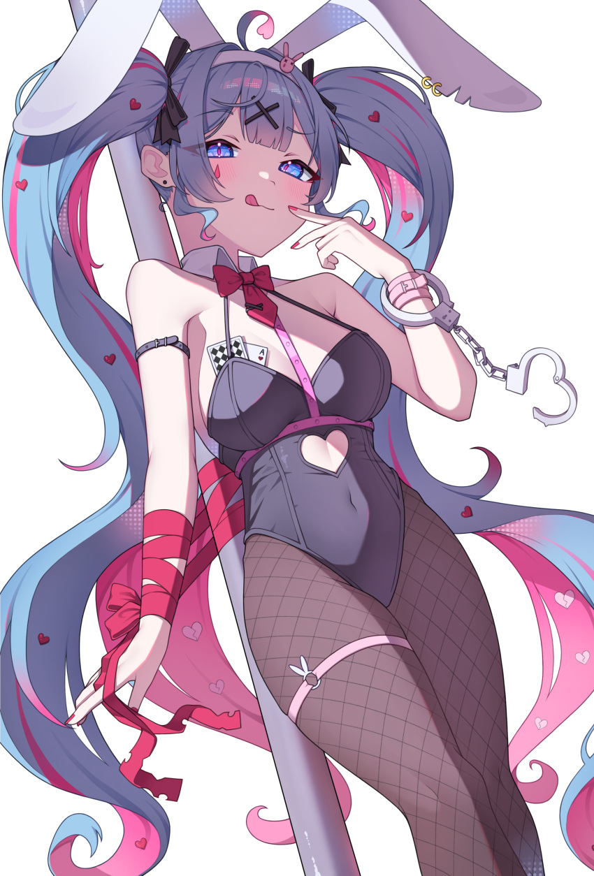 1girl absurdres animal_ears black_leotard blue_eyes blue_hair blush breasts card commentary detached_collar doughnut fake_animal_ears food hair_ornament hatsune_miku highres leotard looking_at_viewer pantyhose playboy_bunny rabbit_ears rabbit_hole_(vocaloid) solo twintails vocaloid yamggu