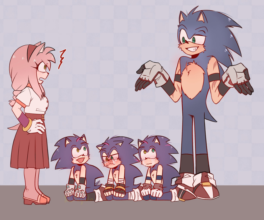 1girl 4boys aged_up amy_rose animal_ears blue_hair blush body_fur breasts child father_and_son full_body furry furry_female gloves green_eyes heterochromia highres long_hair male_focus mother_and_son multiple_boys open_mouth pink_hair simple_background smile sonic_(series) sonic_the_hedgehog spiked_hair standing tail tail_wagging tears teeth white_gloves yolomagnolia