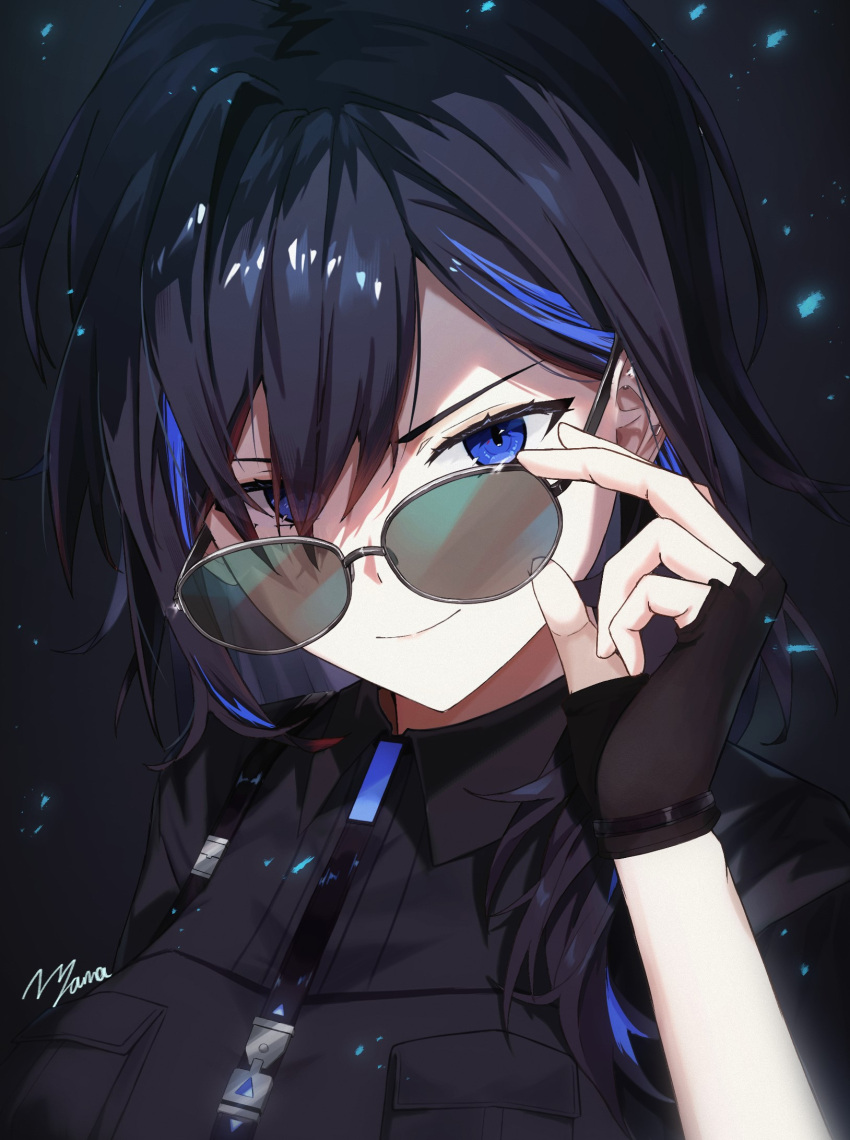 1girl adjusting_eyewear ayase_yuu black_gloves black_hair black_shirt blue_eyes blue_hair breast_pocket breasts chest_strap fingerless_gloves gloves highres large_breasts long_hair multicolored_hair nagae_yama phase_connect pocket shirt short_sleeves signature solo streaked_hair tinted_eyewear virtual_youtuber