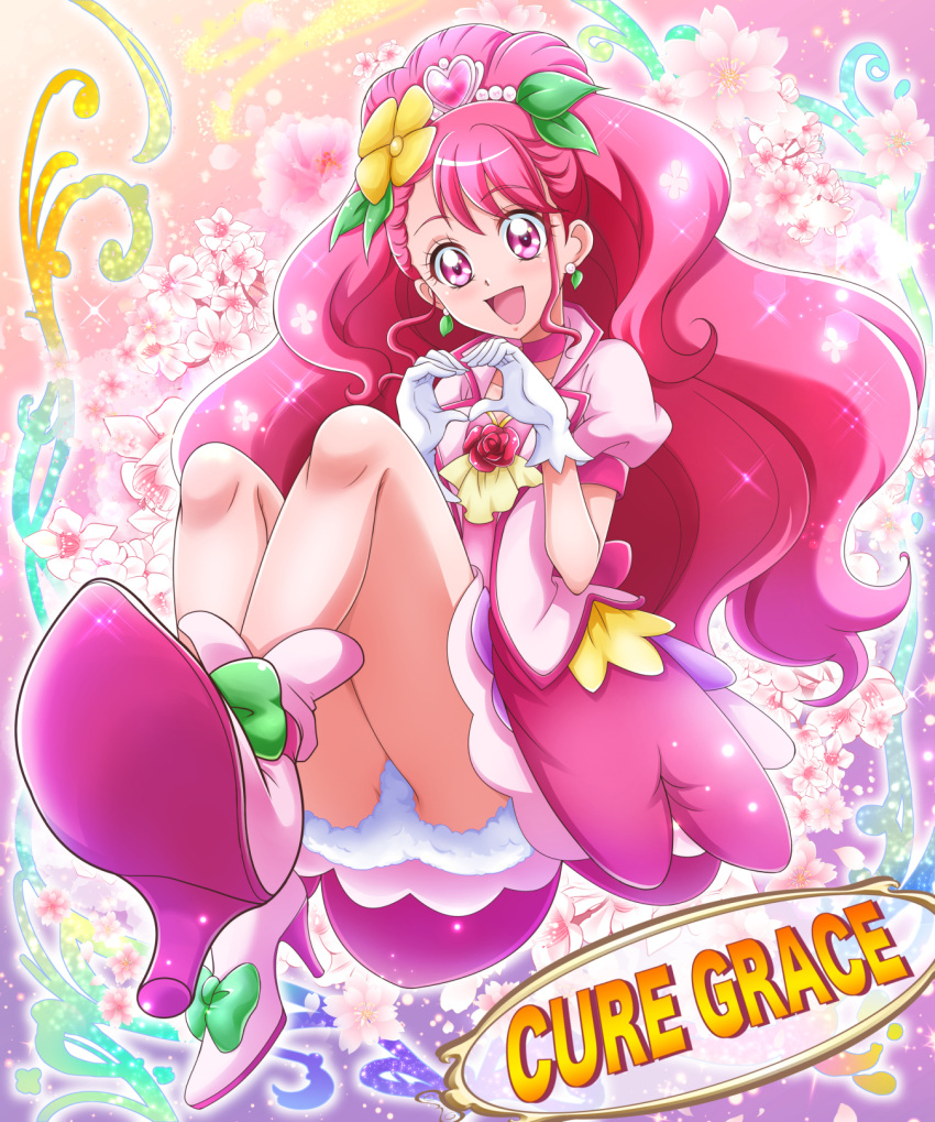 1girl :d ankle_boots ascot boots character_name choker commentary_request cure_grace dress earrings english_text floating floral_background flower flower_brooch foreshortening gloves green_ribbon hair_flower hair_ornament hair_ribbon hanadera_nodoka hanzou healin'_good_precure heart heart_hair_ornament heart_hands high_heel_boots high_heels highres jacket jewelry leaf_earrings long_hair looking_at_viewer magical_girl open_mouth partial_commentary pink_choker pink_dress pink_eyes pink_footwear pink_hair pink_jacket precure puffy_short_sleeves puffy_sleeves red_flower red_rose ribbon rose short_dress short_sleeves smile solo underwear white_gloves wide_ponytail yellow_ascot yellow_flower