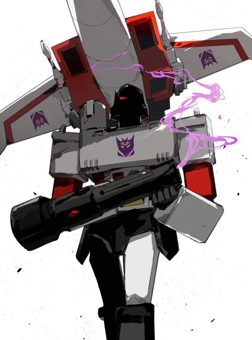 aircraft airplane arm_cannon decepticon fighter_jet flying gun highres jet mecha mecha_focus megatron military_vehicle one_eye_covered red_eyes robot science_fiction simple_background smoke smoking_gun starscream transformers transformers:_generation_1 walking weapon white_background zenzai_666