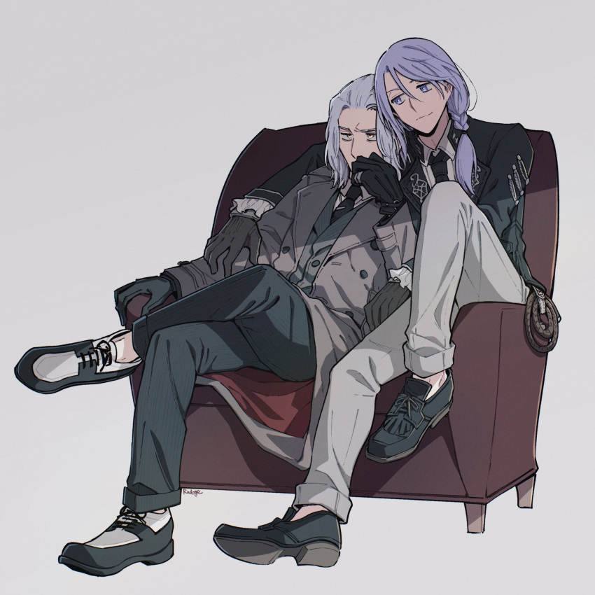 2boys alternate_costume arm_around_shoulder arm_rest armchair black_footwear black_gloves black_jacket black_necktie blue_pants braid buttons chair coat collared_shirt commentary contemporary covered_mouth crossed_legs emet-selch final_fantasy final_fantasy_xiv frilled_sleeves frills frown full_body furrowed_brow gloves grey_coat grey_gloves hand_on_own_face highres hythlodaeus jacket knee_up looking_at_another male_focus medium_hair multiple_boys necktie on_chair pants purple_eyes purple_hair radoge14 shared_chair shirt shoes side_braid simple_background single_braid sitting smile white_background white_hair white_pants white_shirt yellow_eyes
