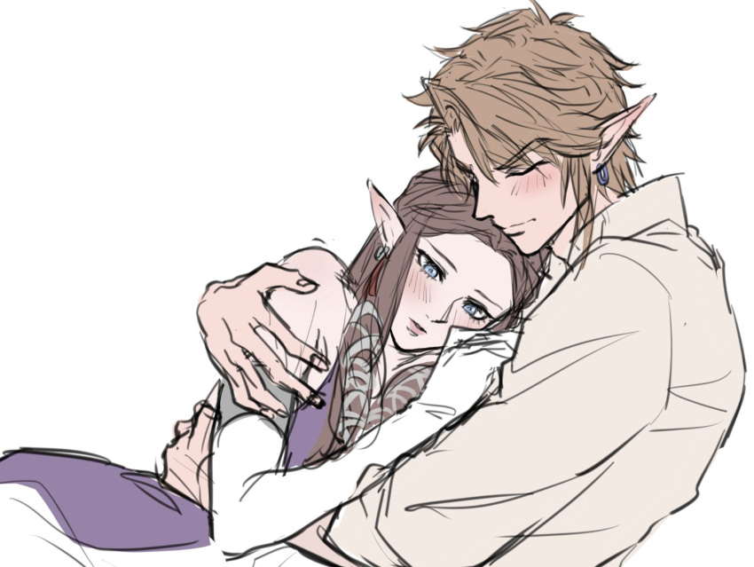 blue_eyes blush braid brown_hair couple cuddling dress earrings elbow_gloves gloves hug jewelry kurokawa_karasu link long_hair pointy_ears princess_zelda purple_dress the_legend_of_zelda the_legend_of_zelda:_twilight_princess twin_braids white_background