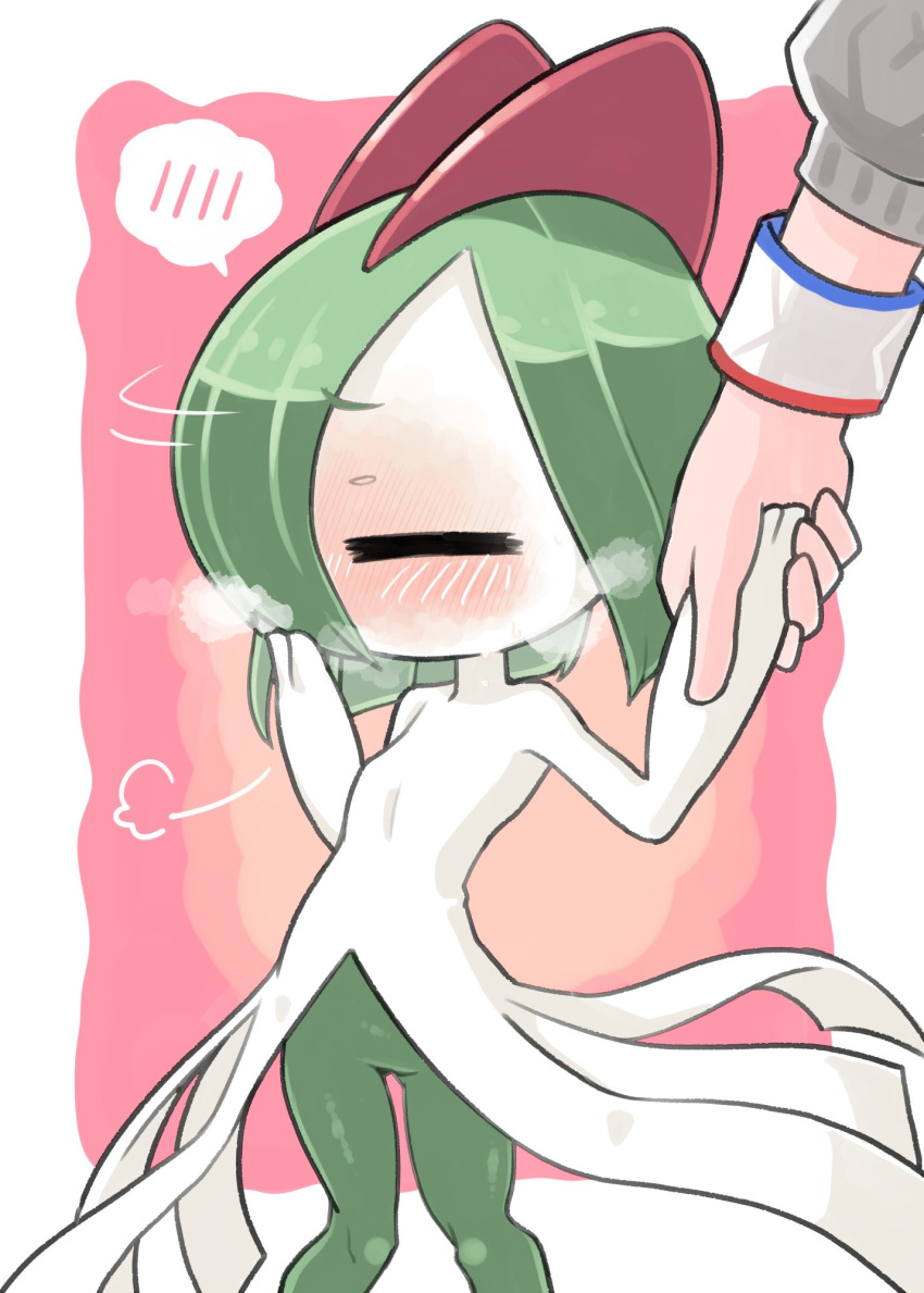 1girl blush closed_eyes colored_skin dynamax_band gloria_(pokemon) green_hair heavy_breathing highres holding_hands horns ino_(tellu0120) kirlia multicolored_skin out_of_frame pink_background pokemon pokemon_(creature) sidelocks simple_background square sweater two-tone_skin white_skin