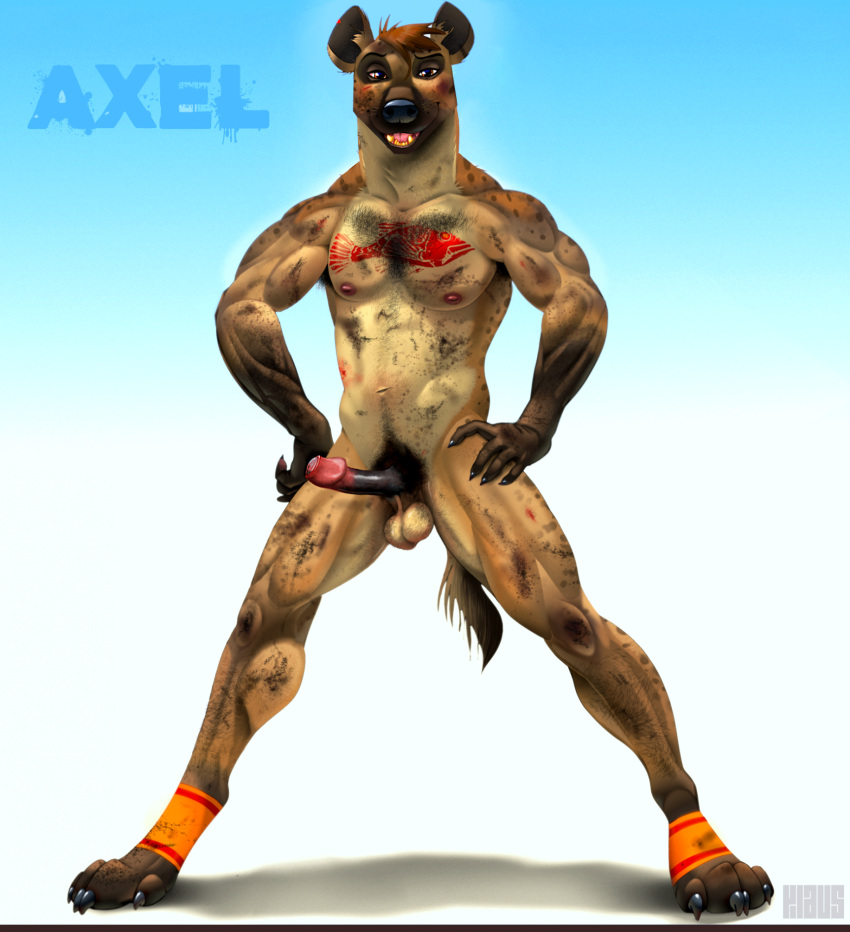 anthro axel_(klausd) balls biceps biped body_hair brown_eyes calfs chest_hair chest_tattoo claws clothing digitigrade dirty dirty_fur erection footwear foreskin front_view furgonomics genitals glans hands_on_hips happy_trail hi_res humanoid_genitalia humanoid_penis hyena klaus_doberman male male_anthro mammal multicolored_foreskin muscular muscular_male nipples open_mouth open_smile pecs penis pubes quads simple_background smile socks solo spotted_hyena spread_legs spreading standing tail tail_tuft tattoo teeth_showing tuft wide_stance