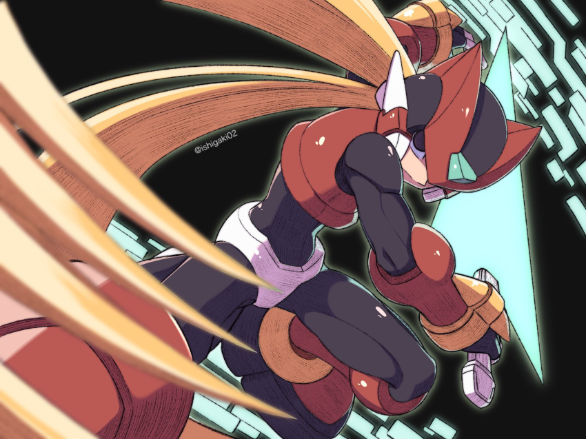 1boy armor black_background black_bodysuit black_eyes blonde_hair bodysuit boots crotch_plate energy_sword foot_out_of_frame highres holding holding_sword holding_weapon ishigaki_(sora_roxas) long_hair mega_man_(series) mega_man_zero_(series) red_armor red_footwear red_helmet simple_background solo sword twitter_username weapon z_saber zero(z)_(mega_man) zero_(mega_man)