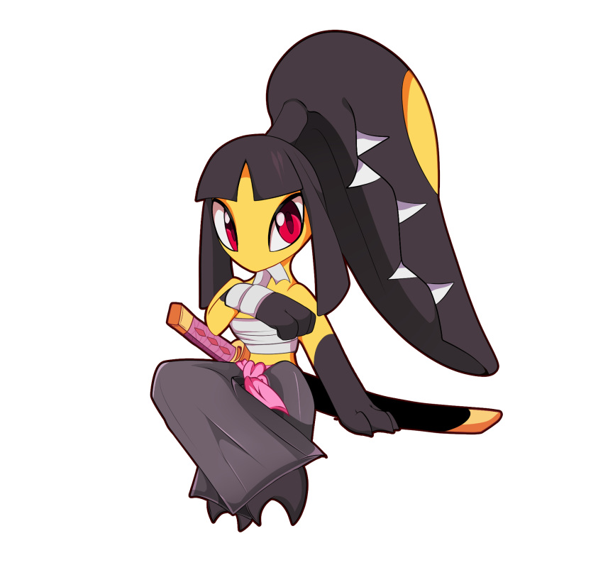 anthro bandage bembe female generation_3_pokemon hi_res humanoid mawile melee_weapon nintendo pokemon pokemon_(species) pupils red_eyes samurai sharp_teeth simple_background solo sword teeth tomoko_(nyxcha) warrior weapon yellow_body