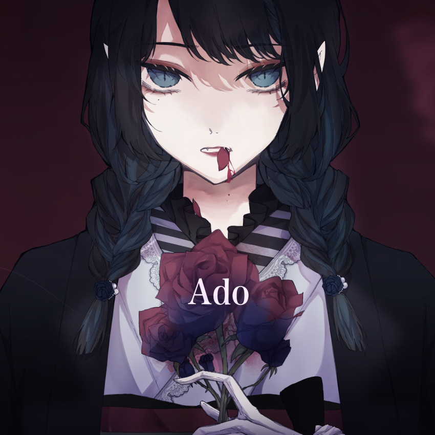 1girl ado_(utaite) black_hair black_jacket blood blood_from_mouth blue_eyes blue_flower blue_rose bouquet braid chando_(ado) cloud_nine_inc fangs flower frilled_shirt_collar frills gloves hair_over_shoulder highres holding holding_bouquet holding_flower jacket long_hair looking_at_viewer low_twin_braids mole mole_under_eye orihara_(ewkkyorhr) petal_in_mouth red_background red_flower red_rose rose slit_pupils solo straight-on twin_braids upper_body white_gloves