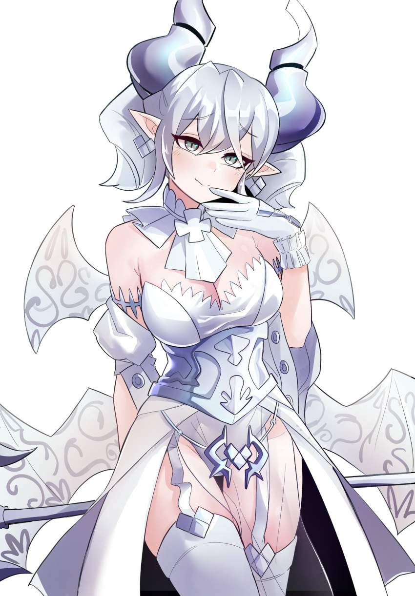 1girl bare_shoulders breasts cleavage cowboy_shot demon_girl demon_wings detached_collar dress duel_monster earrings garter_straps gloves grey_eyes hair_between_eyes highres holding holding_weapon horns jewelry leotard light_smile lovely_labrynth_of_the_silver_castle low_wings pointy_ears showgirl_skirt slit_pupils solo strapless strapless_leotard sung08ko thighhighs twintails weapon white_background white_gloves white_hair white_horns white_wings wings yu-gi-oh!