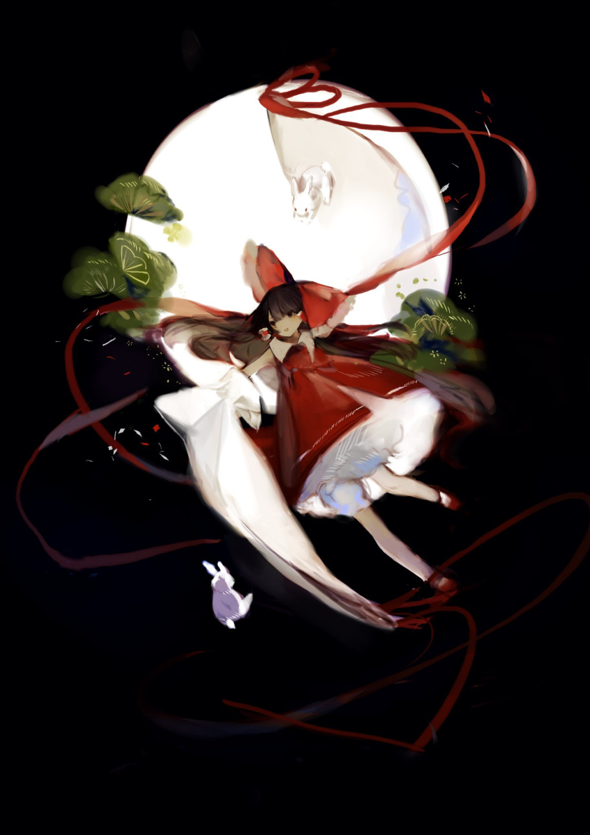 1girl ascot bow detached_sleeves frilled_bow frilled_hair_tubes frills full_moon gohei hair_bow hair_tubes hakurei_reimu highres leaf moon night night_sky rabbit red_bow red_skirt ribbon-trimmed_sleeves ribbon_trim skirt skirt_set sky solo touhou yellow_ascot zhixie_jiaobu