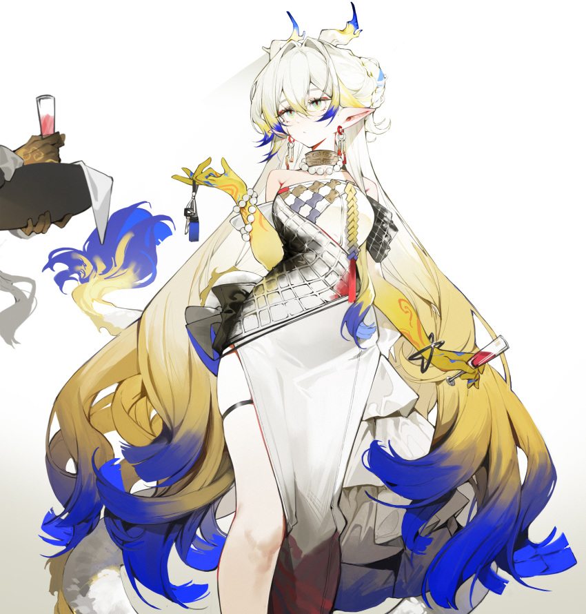 1girl 1other absurdres alternate_costume arknights bai_yao_(user_ygua7252) bare_shoulders black_dress blonde_hair blue_eyes blue_hair bracelet closed_mouth colored_skin commentary_request cup dragon_girl dragon_horns dragon_tail dress earrings expressionless feet_out_of_frame gradient_skin hair_between_eyes hair_intakes hand_up highres holding holding_cup holding_key horns jewelry key long_hair multicolored_hair necklace out_of_frame pearl_bracelet pearl_necklace pointy_ears shu_(arknights) solo_focus strapless strapless_dress tail thigh_strap tray very_long_hair white_background white_dress white_hair yellow_skin