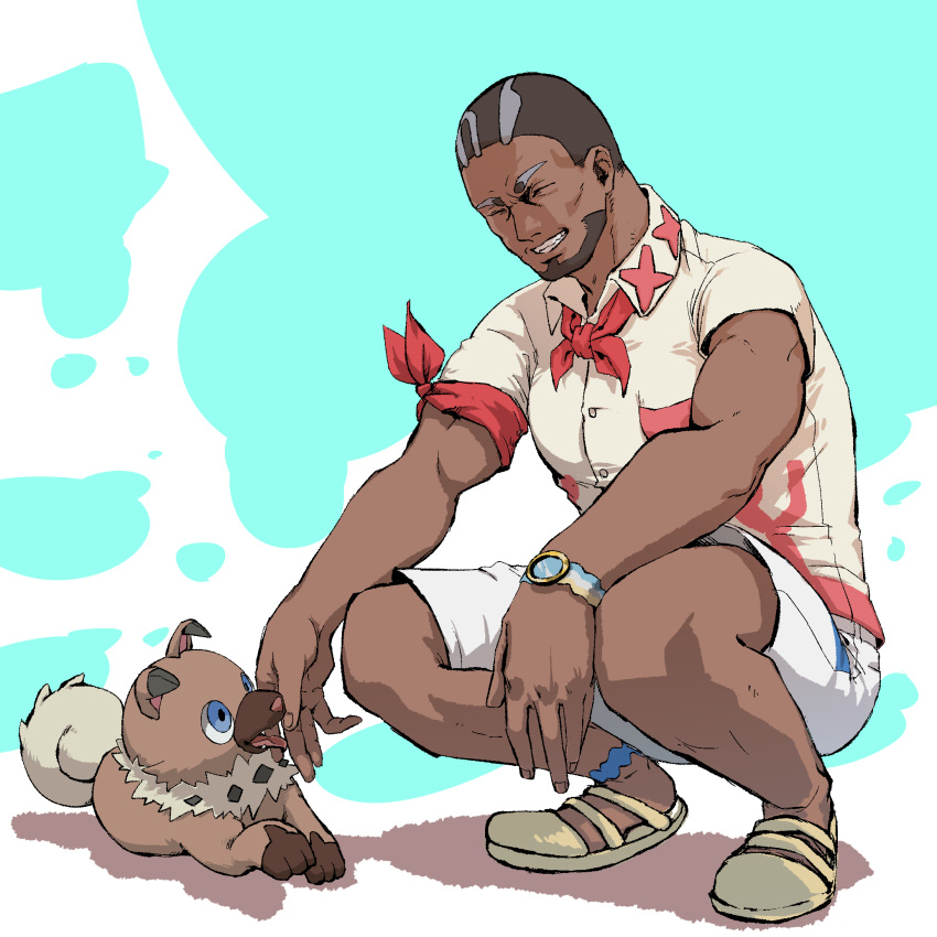 1boy beard black_hair blue_background blue_eyes closed_eyes dark-skinned_male dark_skin facial_hair grey_hair highres male_focus multicolored_hair murdock_(pokemon) pokemon pokemon_(anime) pokemon_(creature) pokemon_horizons raru_nishizaki rockruff sandals shirt shorts smile squatting two-tone_hair watch white_background white_shirt white_shorts wristwatch