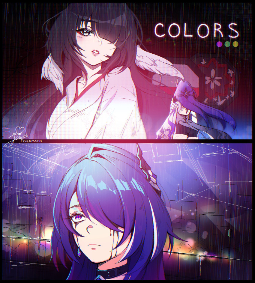 1girl 2girls acheron_(honkai:_star_rail) blade_runner fevermoun highres honkai:_star_rail honkai_(series) meme multiple_girls purple_hair