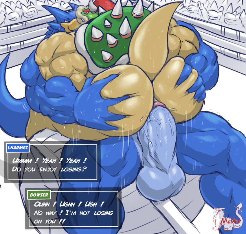 anal anthro anus balls beak biceps big_balls big_penis blue_balls blue_body blue_penis blue_skin bodily_fluids bowser butt butt_grab clenched_teeth dragon duo english_text erection eyebrows fighting_ring genitals green_shell grin hair hand_on_butt hi_res horn huge_balls huge_penis humanoid_genitalia humanoid_penis i.harmez_(masterelrest) looking_back male male/male mario_bros masterelrest muscular muscular_male nintendo nude penis pink_anus pink_eyes public quads raised_tail red_eyebrows red_eyes red_hair scales shell smile spiked_shell spikes sweat tagme teeth text triceps video_games wrestling yellow_body yellow_scales