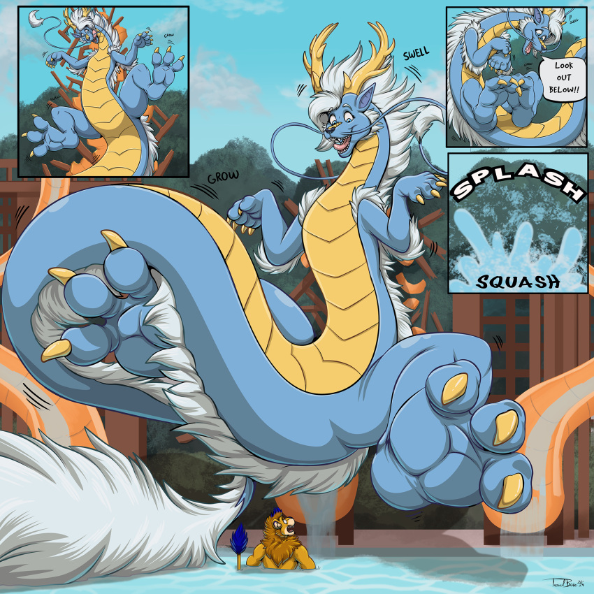 2024 3_toes amusement_park anthro blue_body blue_fur brown_body brown_fur comic dexterlion dragon duo eastern_dragon feet felid female fur growth hair hi_res kaida_(rhoxiras) lion macro male male/female mammal mane mythological_creature mythological_scalie mythology pantherine pool scalie scared_face slide tail teaselbone toes water water_park water_slide white_body white_fur white_hair yellow_body