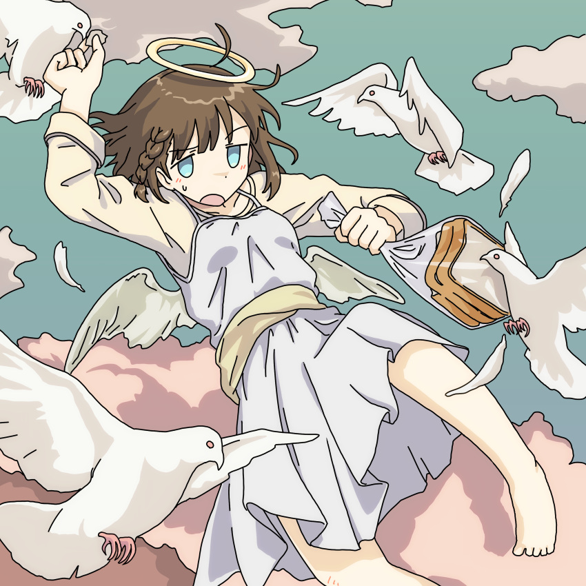 1girl absurdres angel angel_wings bird blue_eyes bread brown_hair cloud dove dress ennui_orz flying food halo highres open_mouth original shadow shirt white_dress wings yellow_shirt