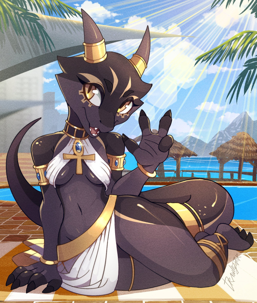 anklet anthro black_body black_scales blue_gem cleo_(illustriousgrave) collar drawligator egyptian_mythology female gesture hand_gesture hi_res horn hut jewelry kobold light middle_eastern_mythology mythology palm_tree plant scales seaside solo sunlight tail tree v_sign water yellow_eyes